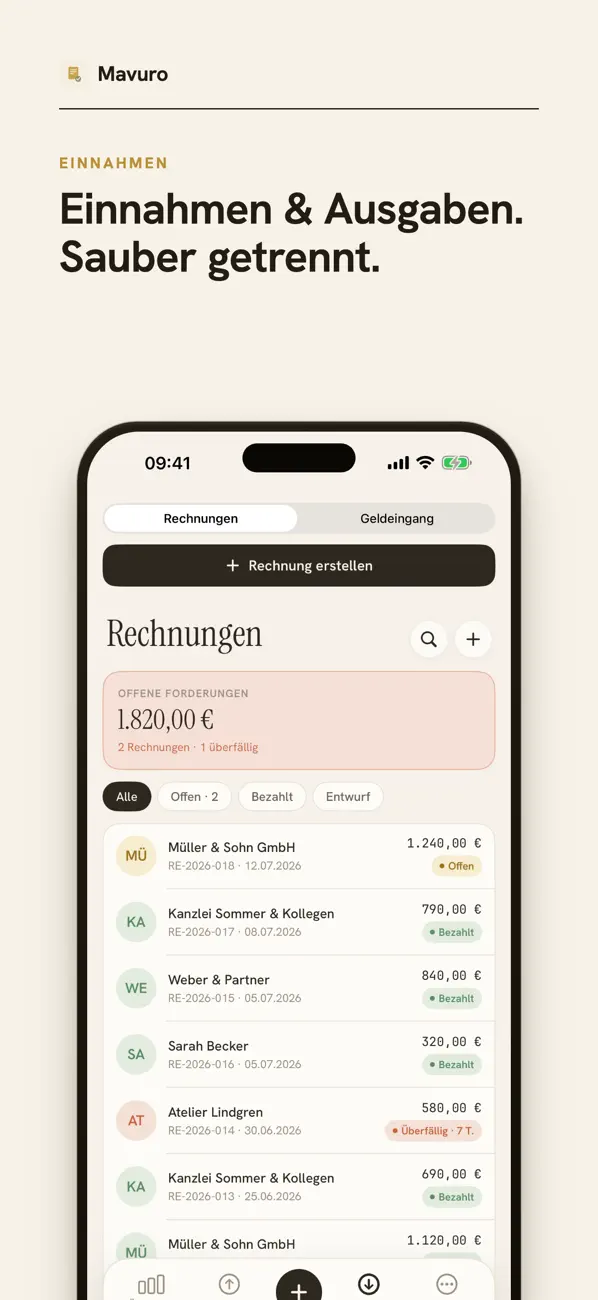 Mavuro-Screen: Einnahmen und Ausgaben sauber getrennt