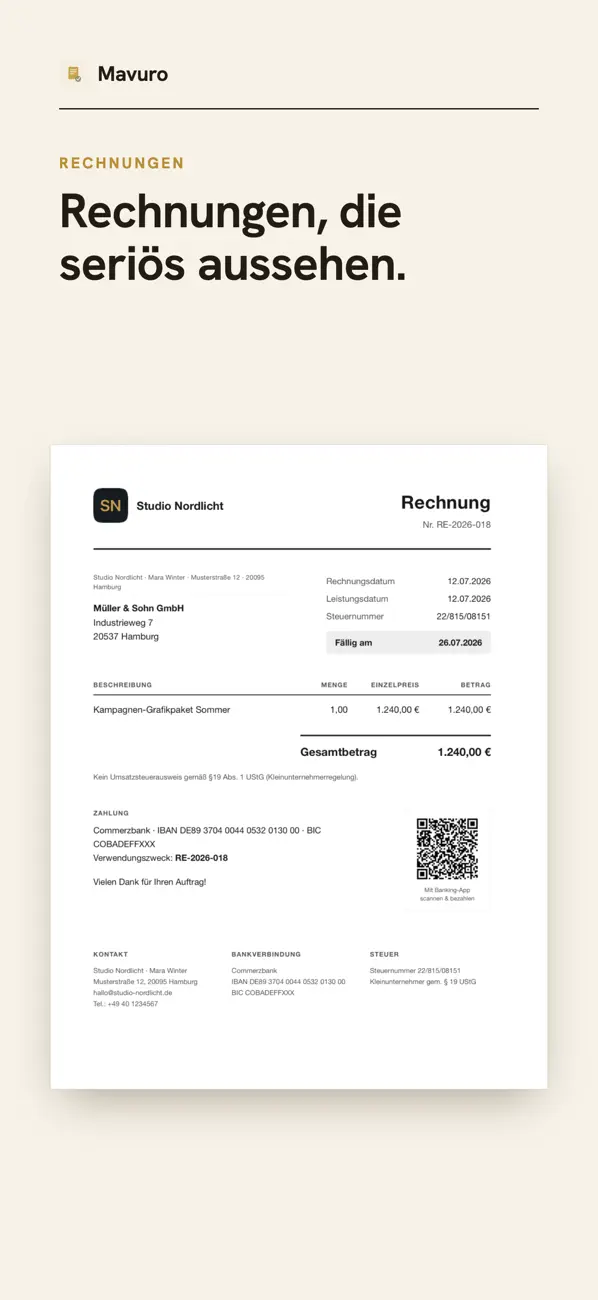Mavuro-Screen: Rechnung als PDF mit Bezahl-QR