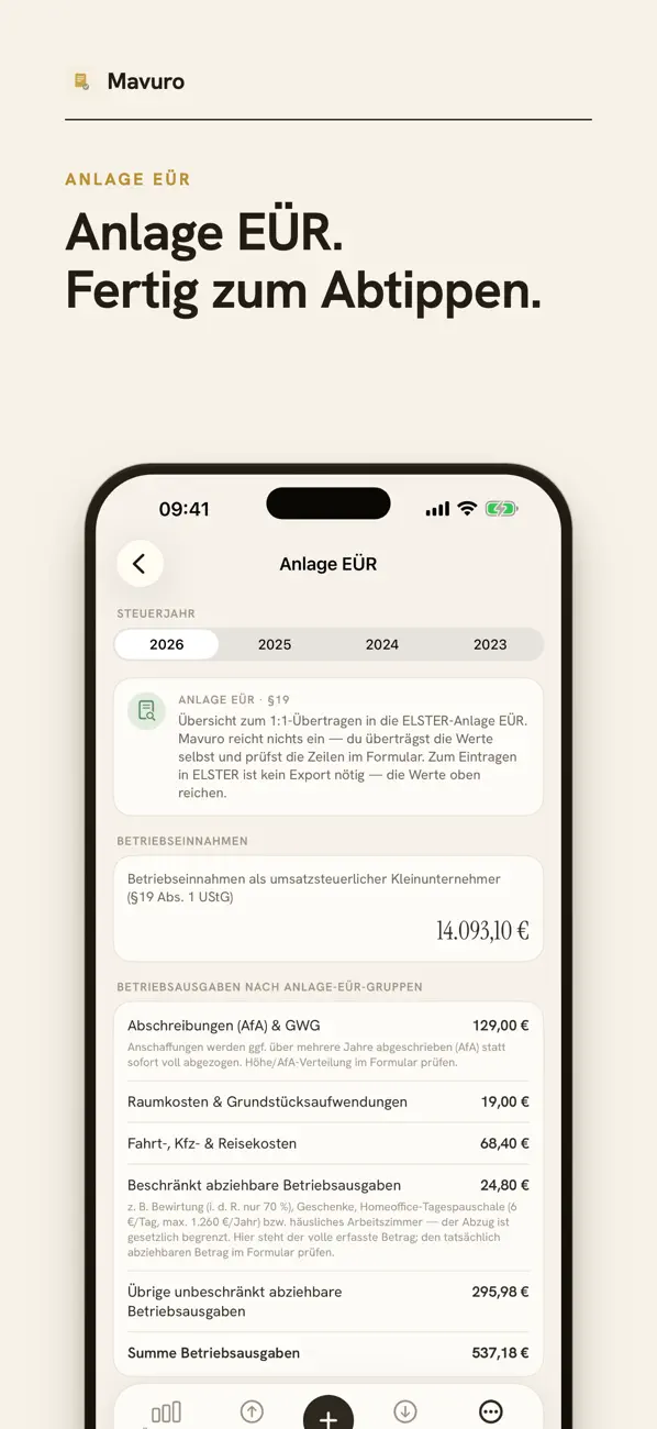 Mavuro-Screen: Anlage EÜR fertig zum Abtippen
